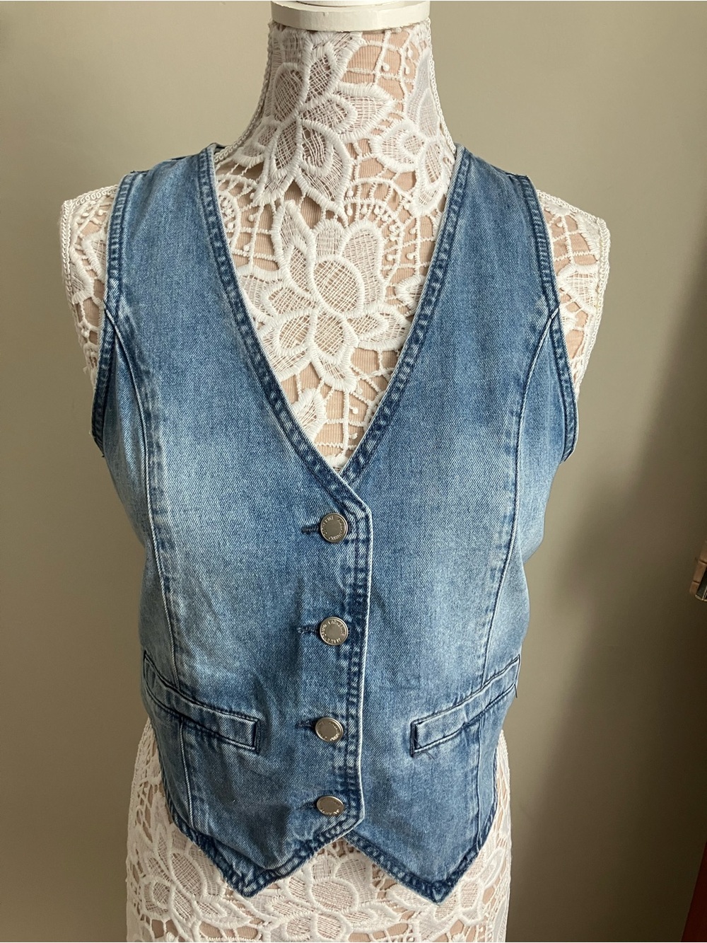 Denim Button Front Vest in Light Blue